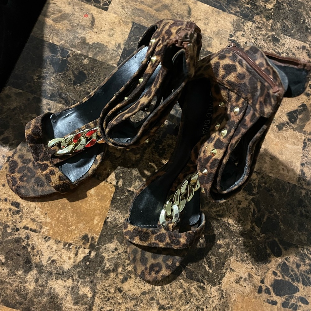 Wild Diva Leopard Print Heels with Gold Accents